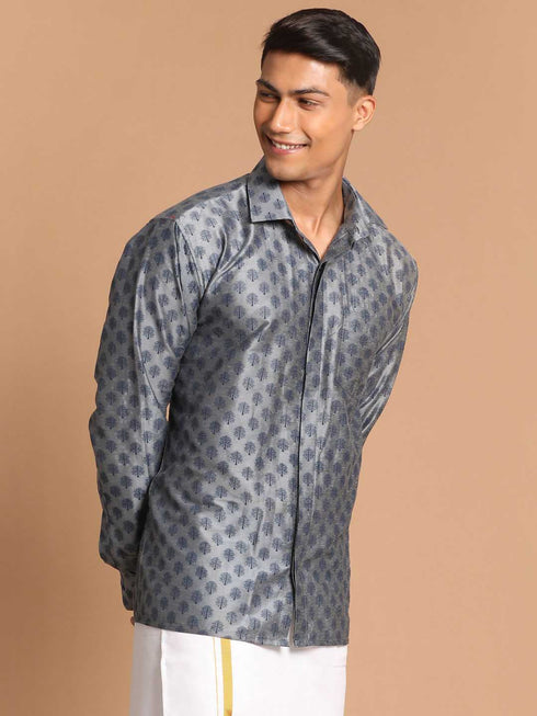 Men's Gray Silk Blend Printed Shirt